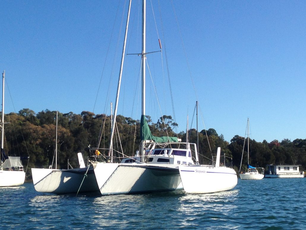 Crowther Trimaran, yacht Shaponda, waiting for crew in Lake Macquarie